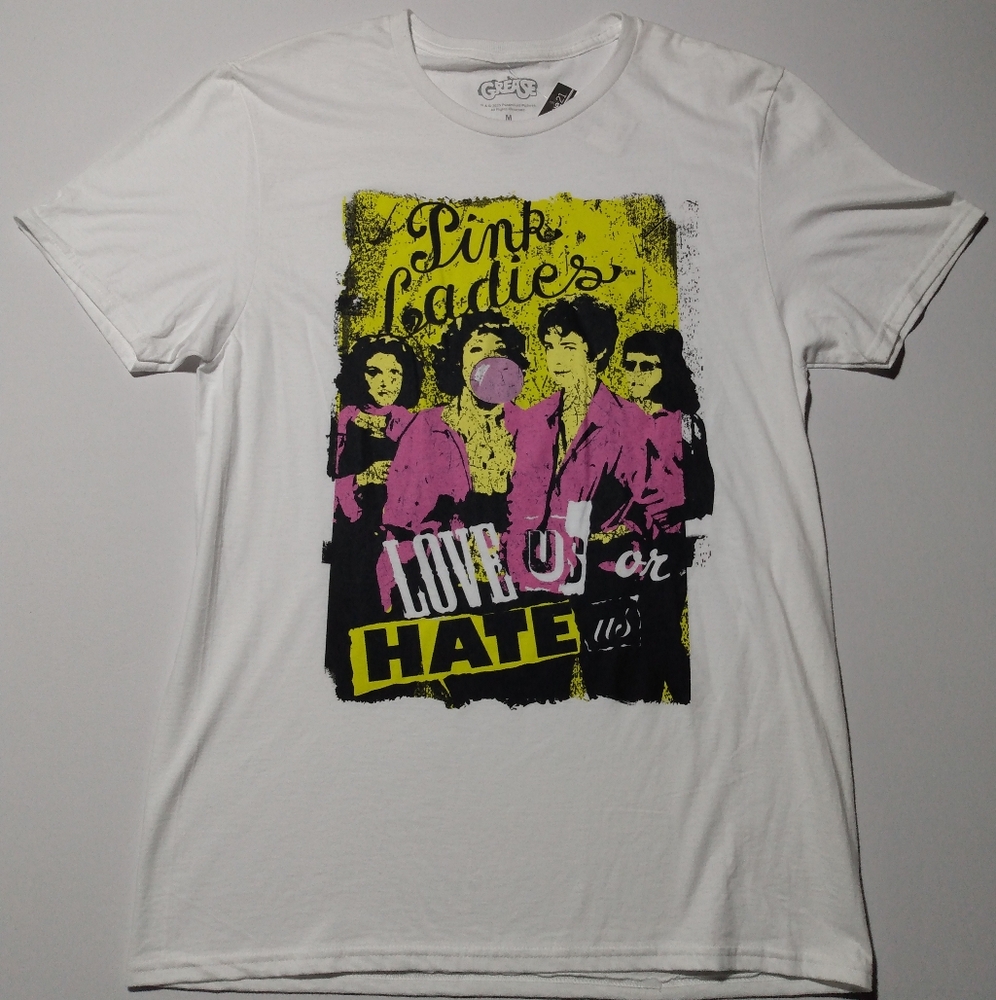 Grease Pink Ladies White Graphic Tee Pink and Yellow Design Rue21 Women's M NWT